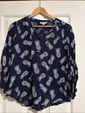 LOFT Pineapple Design Long Sleeve Blouse